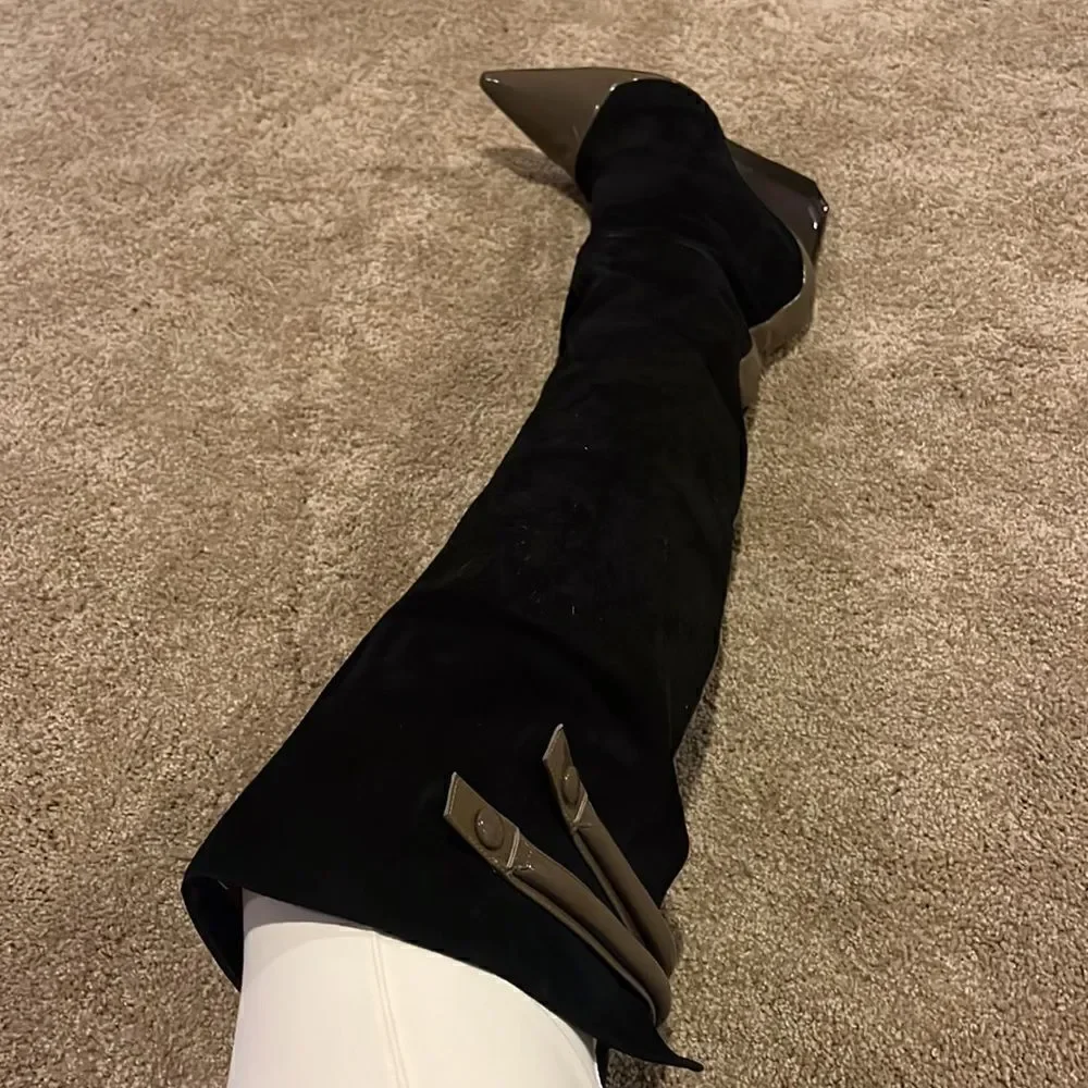 Pollini black suede thigh high boots with plexiglass heel and leather trim 40